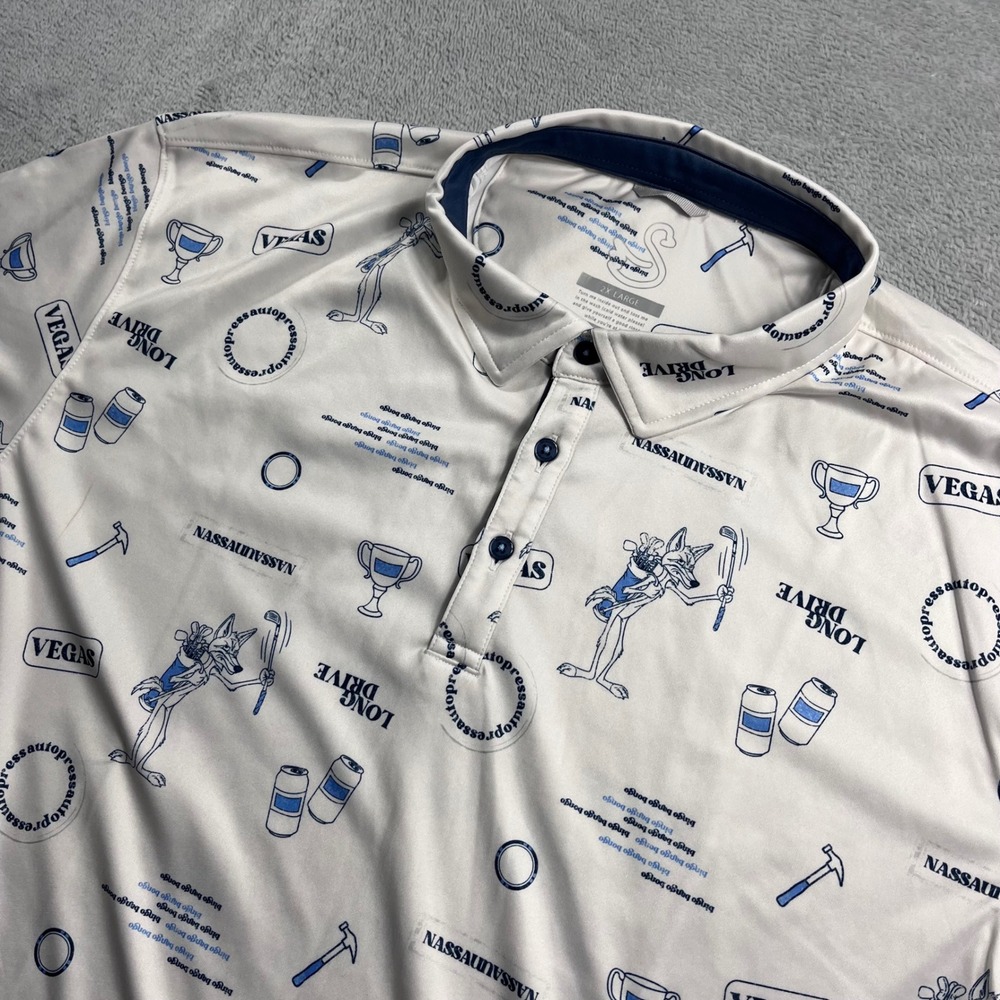 Swannies Mens 2XL Golf Polo Shirt White Blue Vegas Bingo Bango Bongo Performance
